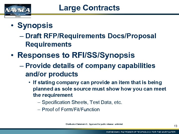Large Contracts • Synopsis – Draft RFP/Requirements Docs/Proposal Requirements • Responses to RFI/SS/Synopsis –