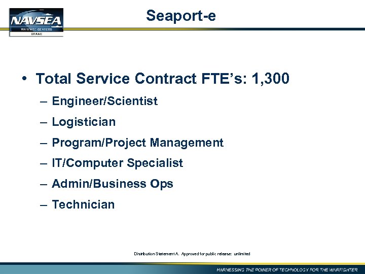Seaport-e • Total Service Contract FTE’s: 1, 300 – Engineer/Scientist – Logistician – Program/Project