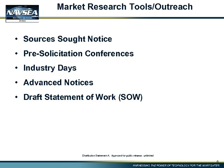 Market Research Tools/Outreach • Sources Sought Notice • Pre-Solicitation Conferences • Industry Days •