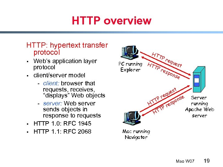 HTTP overview HTTP: hypertext transfer protocol § § Web’s application layer protocol client/server model