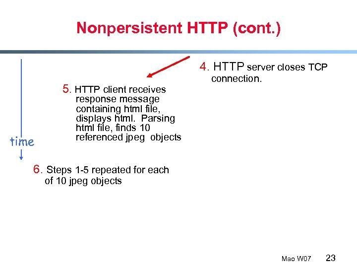 Nonpersistent HTTP (cont. ) 4. HTTP server closes TCP 5. HTTP client receives time