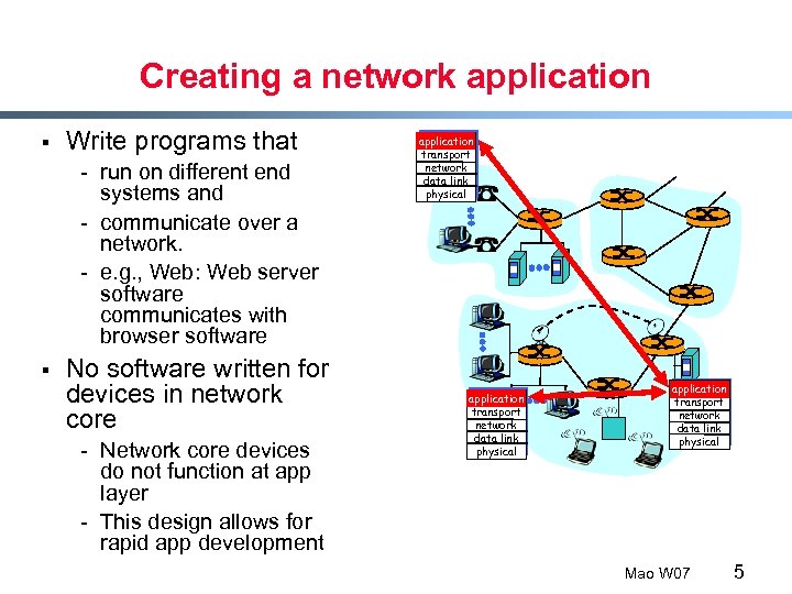 Creating a network application § Write programs that - run on different end systems