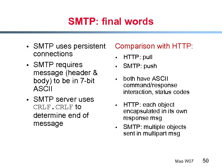 SMTP: final words § § § SMTP uses persistent connections SMTP requires message (header