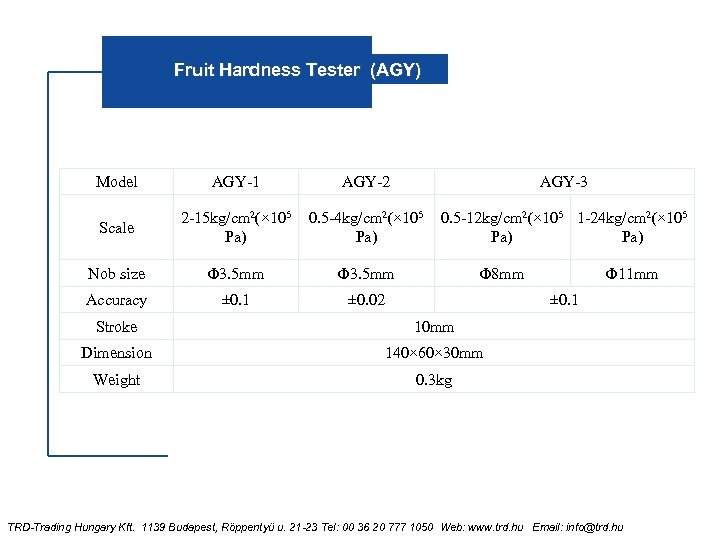 Fruit Hardness Tester (AGY) Model AGY-1 AGY-2 AGY-3 Scale 2 -15 kg/cm 2(× 105