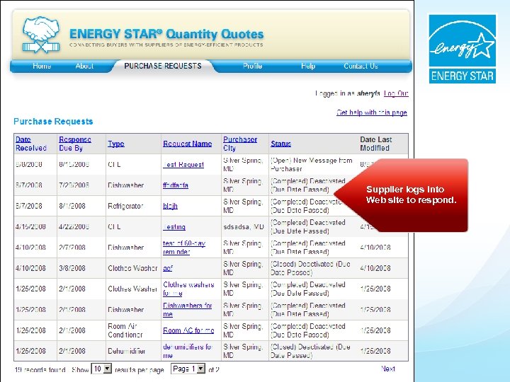 Supplier logs into Web site to respond. 