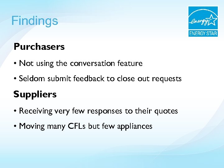 Findings Purchasers • Not using the conversation feature • Seldom submit feedback to close
