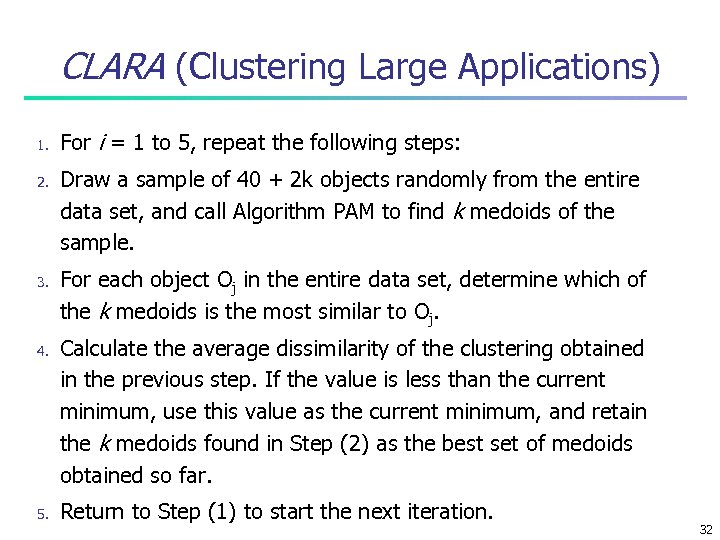 CLARA (Clustering Large Applications) 1. 2. 3. 4. 5. For i = 1 to