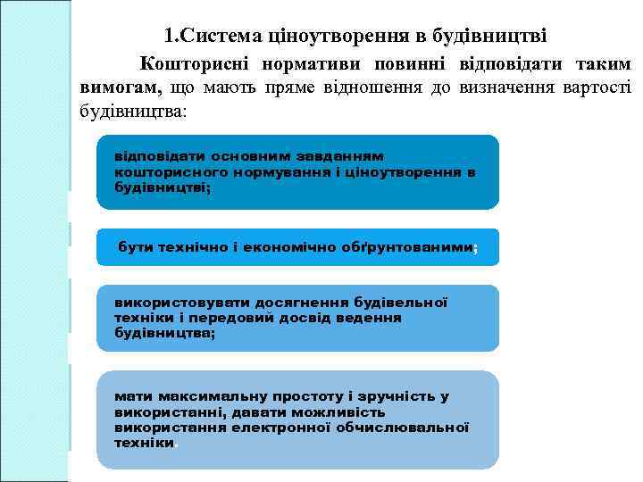 1. Система ціноутворення в будівництві Кошторисні нормативи повинні відповідати таким вимогам, що мають пряме