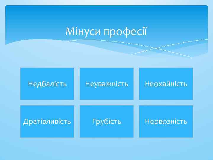 Мінуси професії Недбалість Неуважність Неохайність Дратівливість Грубість Нервозність 