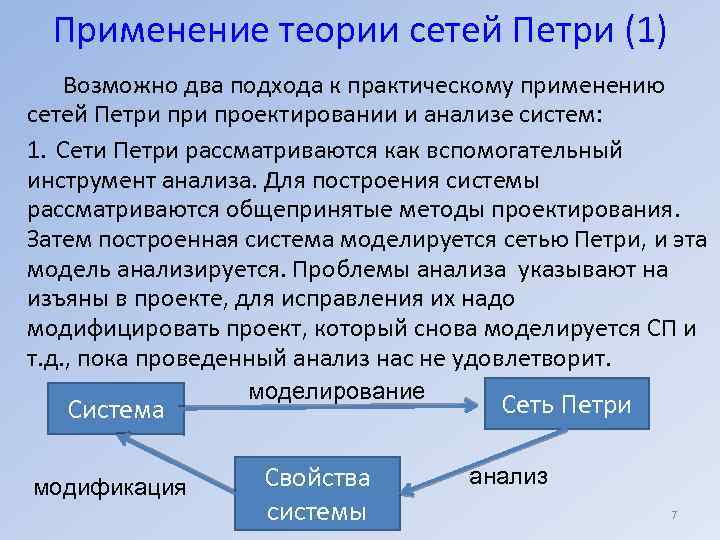 Применение теории сетей Петри (1) Возможно два подхода к практическому применению сетей Петри проектировании