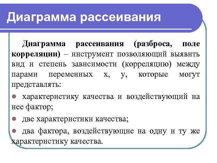 Диаграмма рассеивания (разброса, поле корреляции) – инструмент позволяющий выявить вид и степень зависимости (корреляцию)