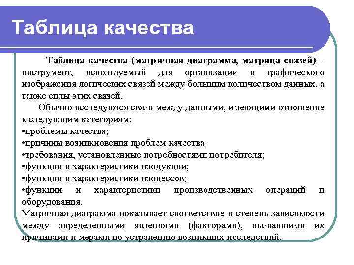 Таблица качества (матричная диаграмма, матрица связей) – инструмент, используемый для организации и графического изображения