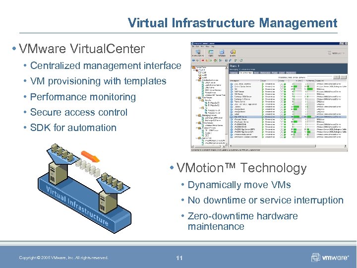 Virtual Infrastructure Management • VMware Virtual. Center • Centralized management interface • VM provisioning