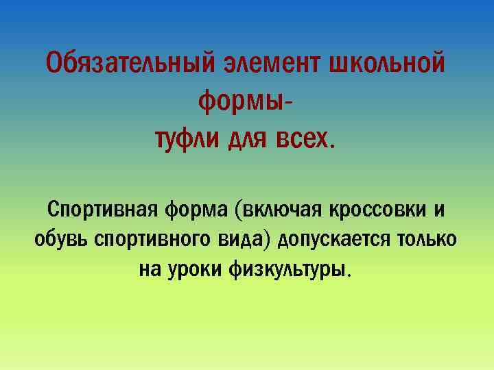 Обязательный элемент школьной формытуфли для всех. Спортивная форма (включая кроссовки и обувь спортивного вида)