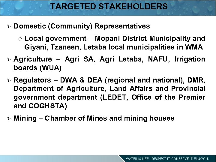 TARGETED STAKEHOLDERS Ø Domestic (Community) Representatives v Local government – Mopani District Municipality and