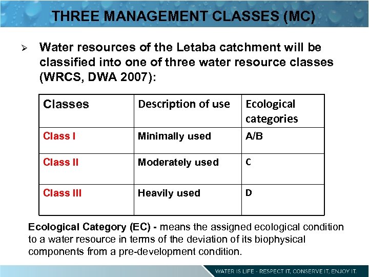 THREE MANAGEMENT CLASSES (MC) Ø Water resources of the Letaba catchment will be classified