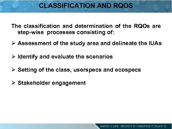 CLASSIFICATION AND RQOS The classification and determination of the RQOs are step-wise processes consisting