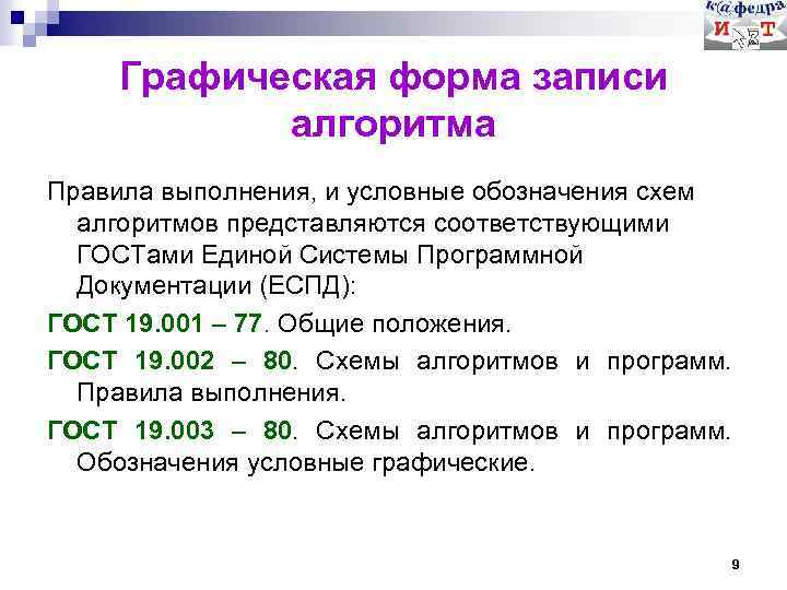 Графическая форма записи алгоритма Правила выполнения, и условные обозначения схем алгоритмов представляются соответствующими ГОСТами