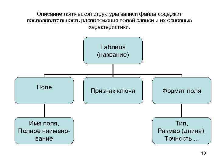 Описание логической структуры записи файла содержит последовательность расположения полей записи и их основные характеристики.