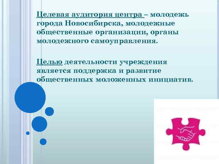 Целевая аудитория центра – молодежь города Новосибирска, молодежные общественные организации, органы молодежного самоуправления. Целью