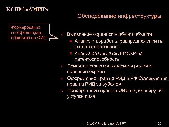 КСПМ «АМИР» Обследование инфраструктуры Формирование портфеля прав общества на ОИС û û û a