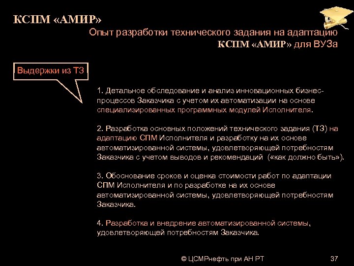 КСПМ «АМИР» Опыт разработки технического задания на адаптацию КСПМ «АМИР» для ВУЗа Выдержки из