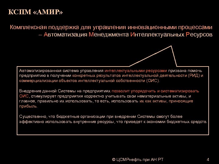 КСПМ «АМИР» Комплексная поддержка для управления инновационными процессами – Автоматизация Менеджмента Интеллектуальных Ресурсов Автоматизированная