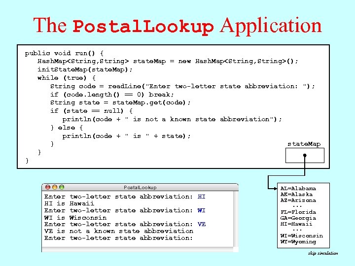 The Postal. Lookup Application public void run() { Hash. Map<String, String> state. Map =