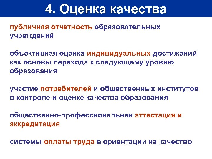 4. Оценка качества публичная отчетность образовательных учреждений объективная оценка индивидуальных достижений как основы перехода