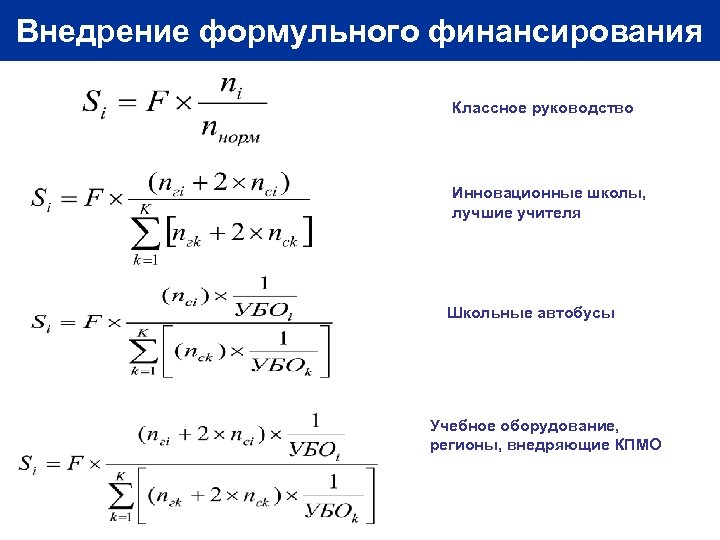 Внедрение формульного финансирования Классное руководство Инновационные школы, лучшие учителя Школьные автобусы Учебное оборудование, регионы,