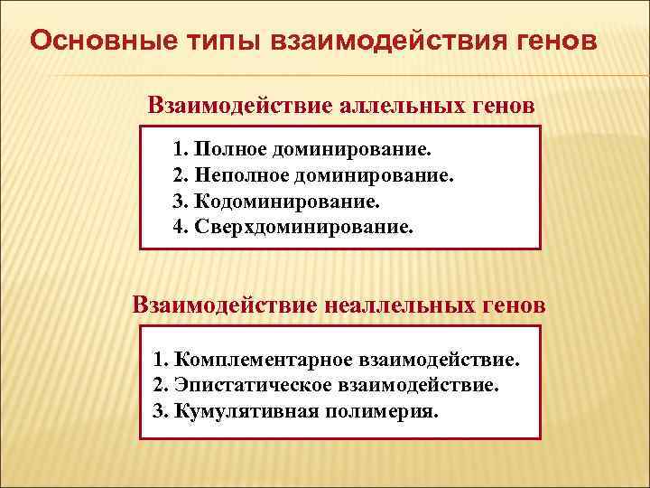 Основные типы взаимодействия генов Взаимодействие аллельных генов 1. Полное доминирование. 2. Неполное доминирование. 3.