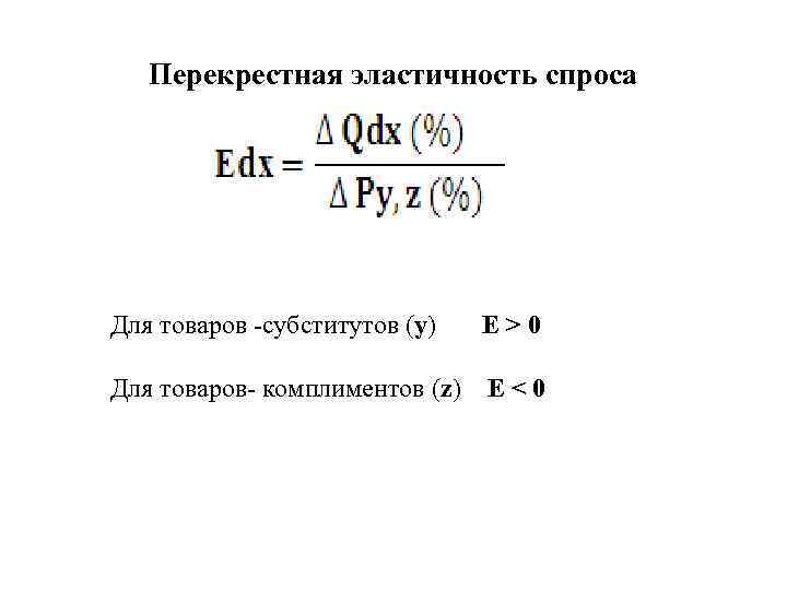 Перекрестная эластичность спроса Для товаров -субститутов (y) Е>0 Для товаров- комплиментов (z) Е<0 