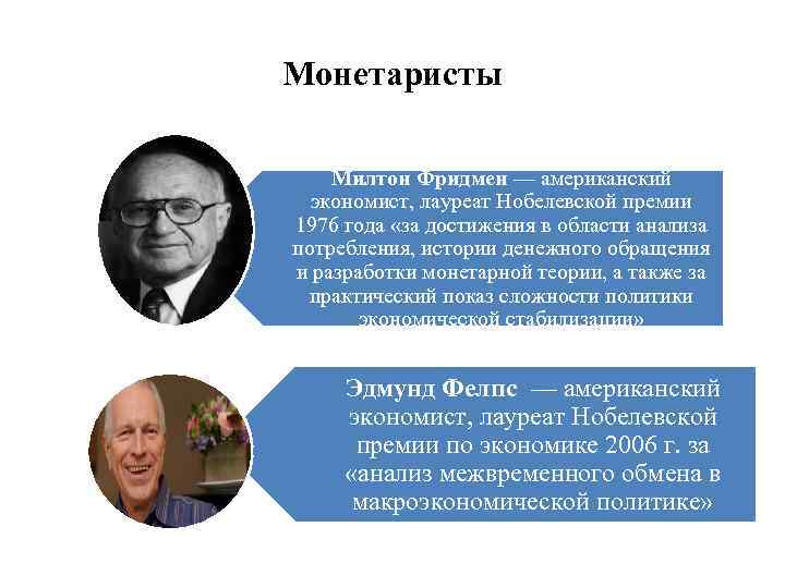 Монетаристы Ми лтон Фри дмен — американский экономист, лауреат Нобелевской премии 1976 года «за