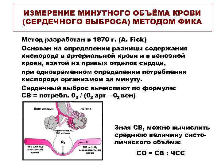 ИЗМЕРЕНИЕ МИНУТНОГО ОБЪЁМА КРОВИ (СЕРДЕЧНОГО ВЫБРОСА) МЕТОДОМ ФИКА Метод разработан в 1870 г. (A.