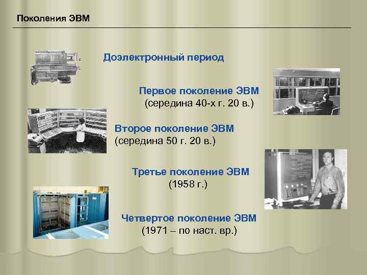 Поколения ЭВМ Доэлектронный период Первое поколение ЭВМ (середина 40 -х г. 20 в. )
