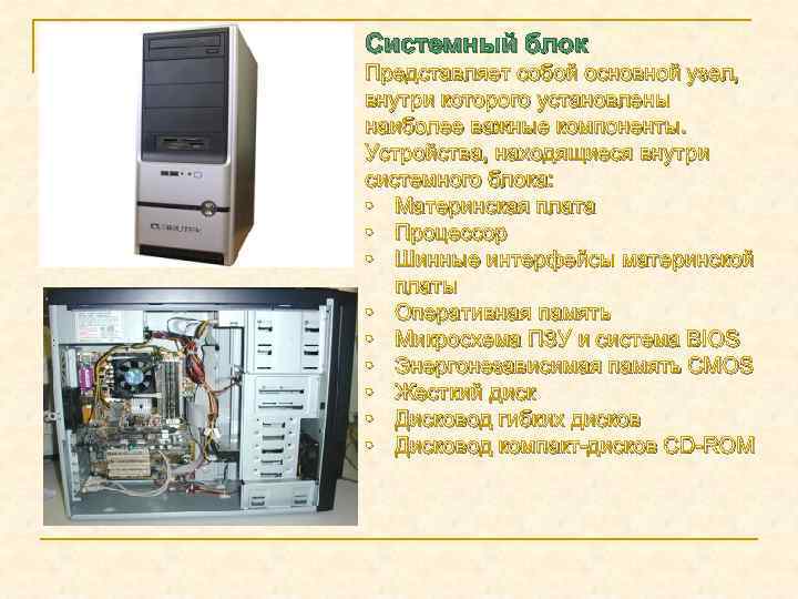 Системный блок Представляет собой основной узел, внутри которого установлены наиболее важные компоненты. Устройства, находящиеся