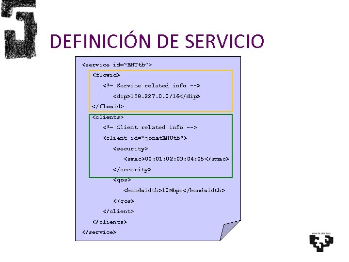 DEFINICIÓN DE SERVICIO <service id=“EHUtb”> <flowid> <!– Service related info --> <dip>158. 227. 0.