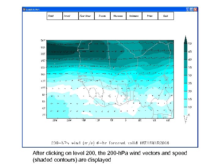 After clicking on level 200, the 200 -h. Pa wind vectors and speed (shaded
