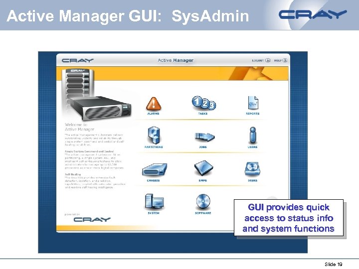 Active Manager GUI: Sys. Admin GUI provides quick access to status info and system