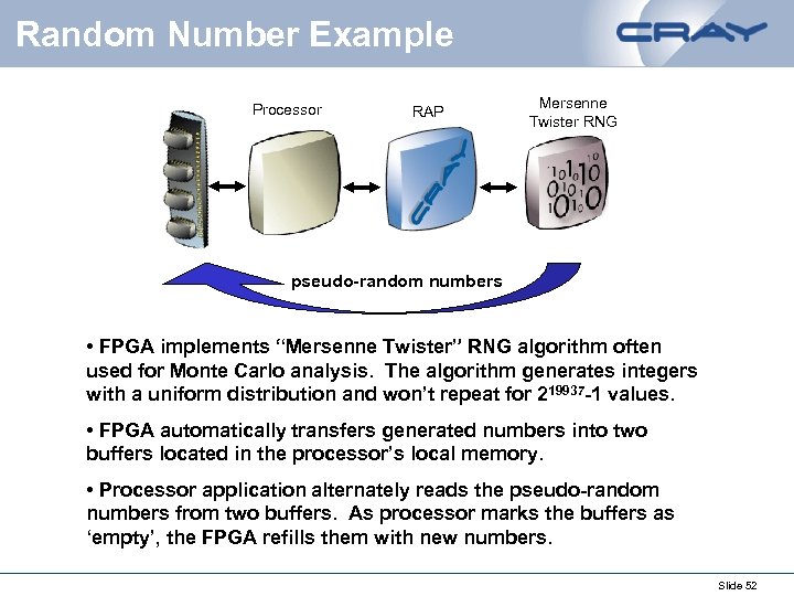 Random Number Example Processor RAP Mersenne Twister RNG pseudo-random numbers • FPGA implements “Mersenne