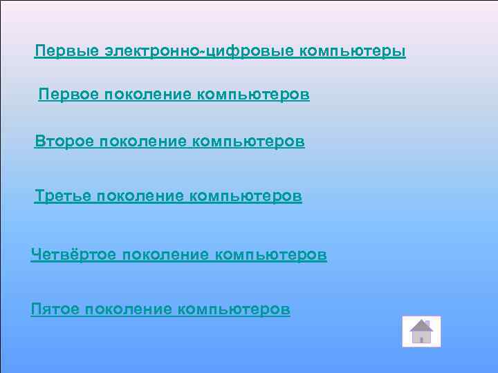 Первые электронно-цифровые компьютеры Первое поколение компьютеров Второе поколение компьютеров Третье поколение компьютеров Четвёртое поколение