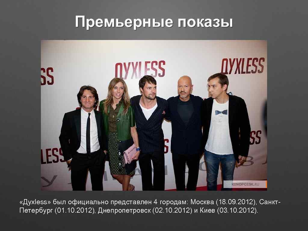 Премьерные показы «Духless» был официально представлен 4 городам: Москва (18. 09. 2012), Санкт. Петербург