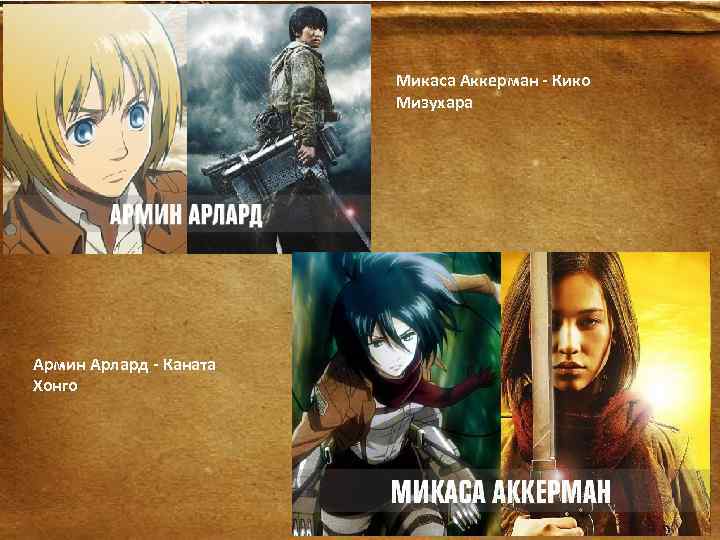 Микаса Аккерман - Кико Мизухара Армин Арлард - Каната Хонго 
