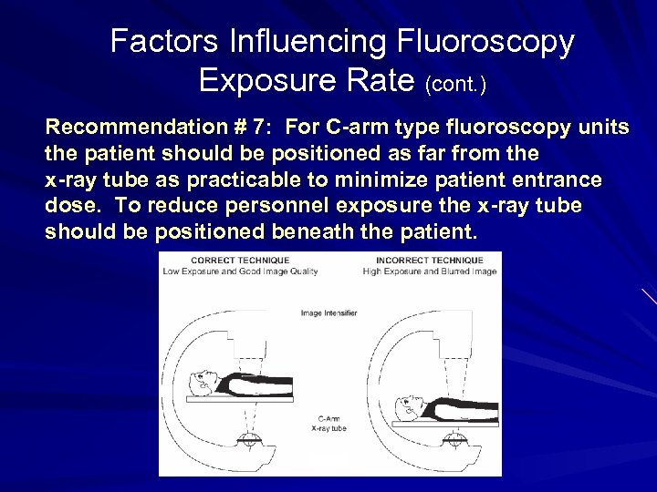 Factors Influencing Fluoroscopy Exposure Rate (cont. ) Recommendation # 7: For C-arm type fluoroscopy