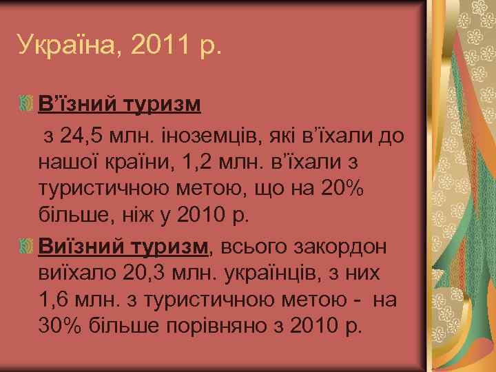 Україна, 2011 р. В’їзний туризм з 24, 5 млн. іноземців, які в’їхали до нашої