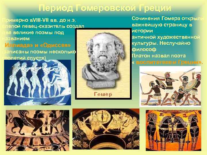 Период Гомеровской Греции Примерно в. VIII-VII вв. до н. э. слепой певец-сказитель создал две