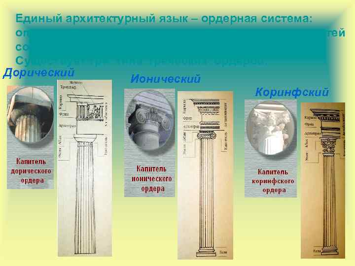 Единый архитектурный язык – ордерная система: определенное соотношение несомых и несущих частей сооружения и