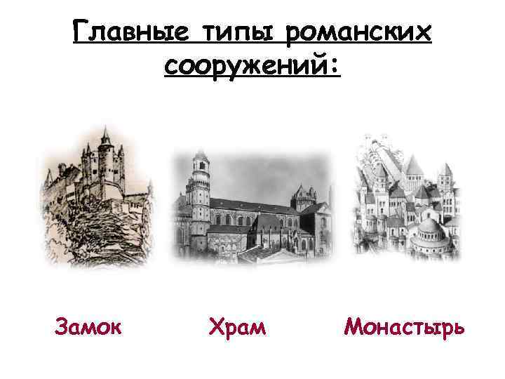 Главные типы романских сооружений: Замок Храм Монастырь 