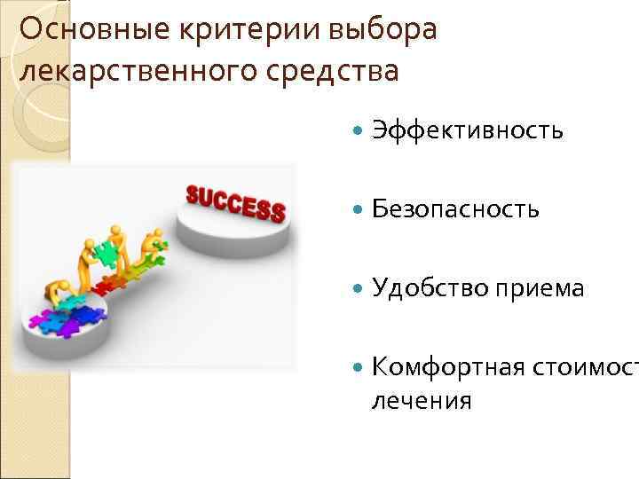 Основные критерии выбора лекарственного средства Эффективность Безопасность Удобство приема Комфортная стоимост лечения 