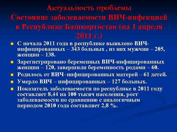 Актуальность проблемы Состояние заболеваемости ВИЧ-инфекцией в Республике Башкортостан (на 1 апреля 2011 г. )